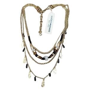 Lucky Brand Gold Tone Layered Multi Strand Beaded Hammered Charm Necklace NWT